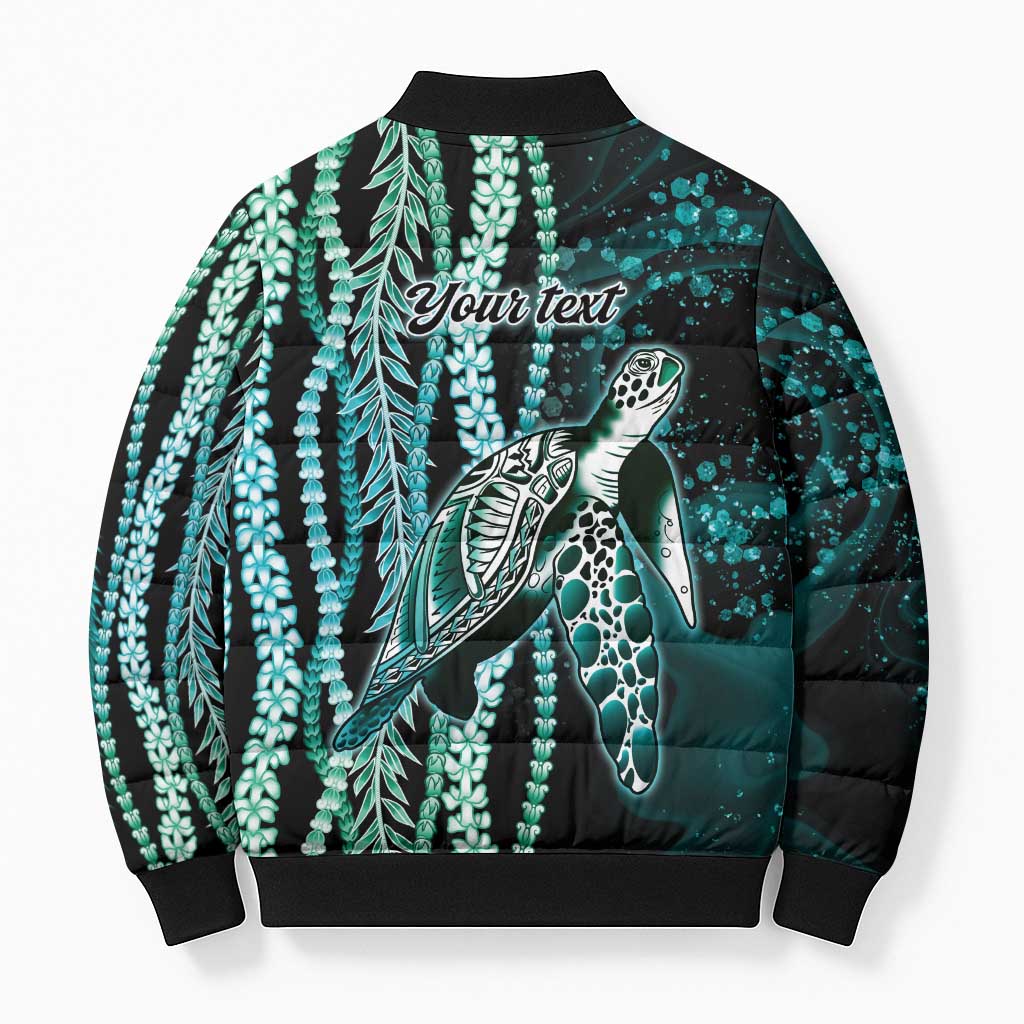 Hawaiian Honu Personalized Bomber Puffer Jacket Dark Cyan Maile Pikake Flower Lei Inspired