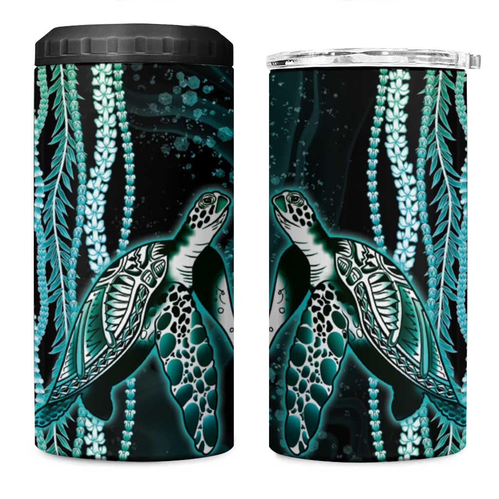 Hawaiian Honu Personalized 4 in 1 Can Cooler Tumbler Dark Cyan Maile Pikake Flower Lei Inspired