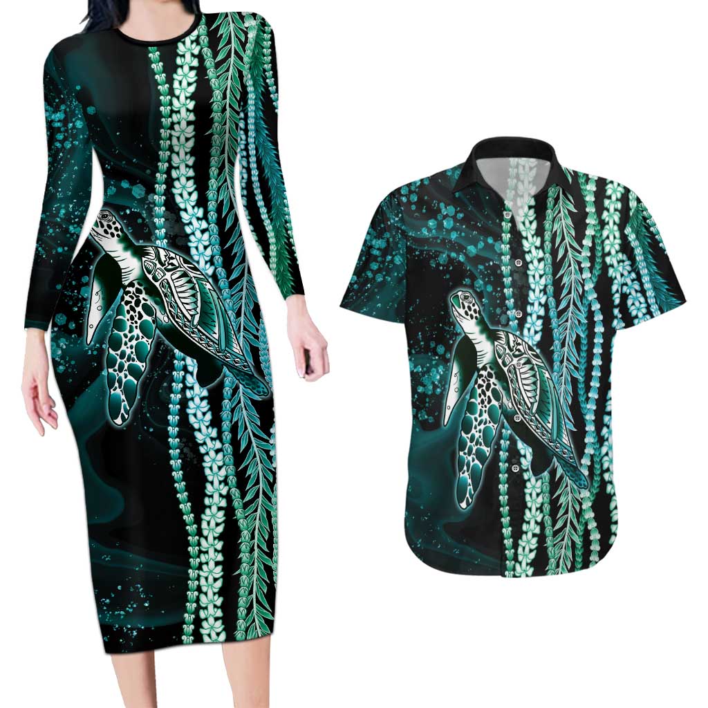 Hawaiian Honu Personalized Couples Matching Long Sleeve Bodycon Dress and Hawaiian Shirt Dark Cyan Maile Pikake Flower Lei Inspired LT9 Cyan - Polynesian Pride