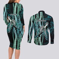 Hawaiian Honu Personalized Couples Matching Long Sleeve Bodycon Dress and Long Sleeve Button Shirt Dark Cyan Maile Pikake Flower Lei Inspired