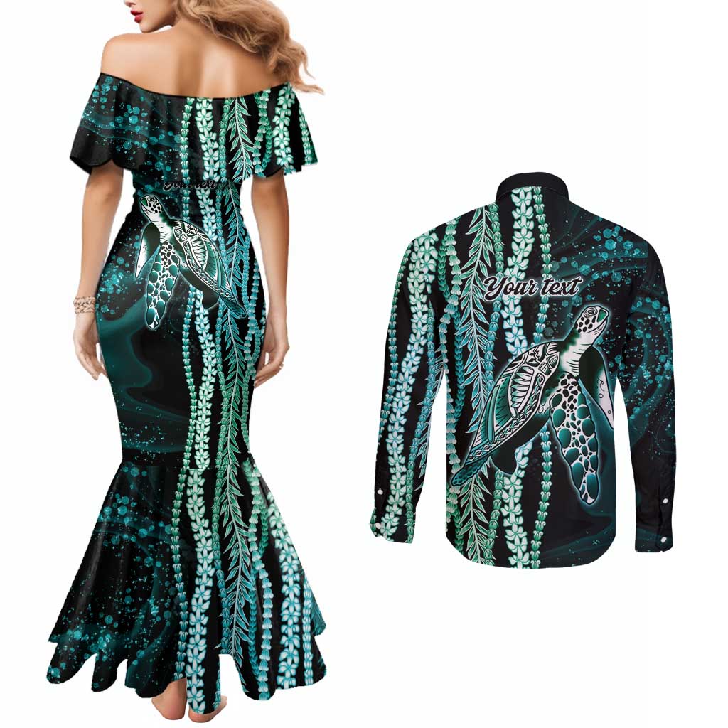 Hawaiian Honu Personalized Couples Matching Mermaid Dress and Long Sleeve Button Shirt Dark Cyan Maile Pikake Flower Lei Inspired