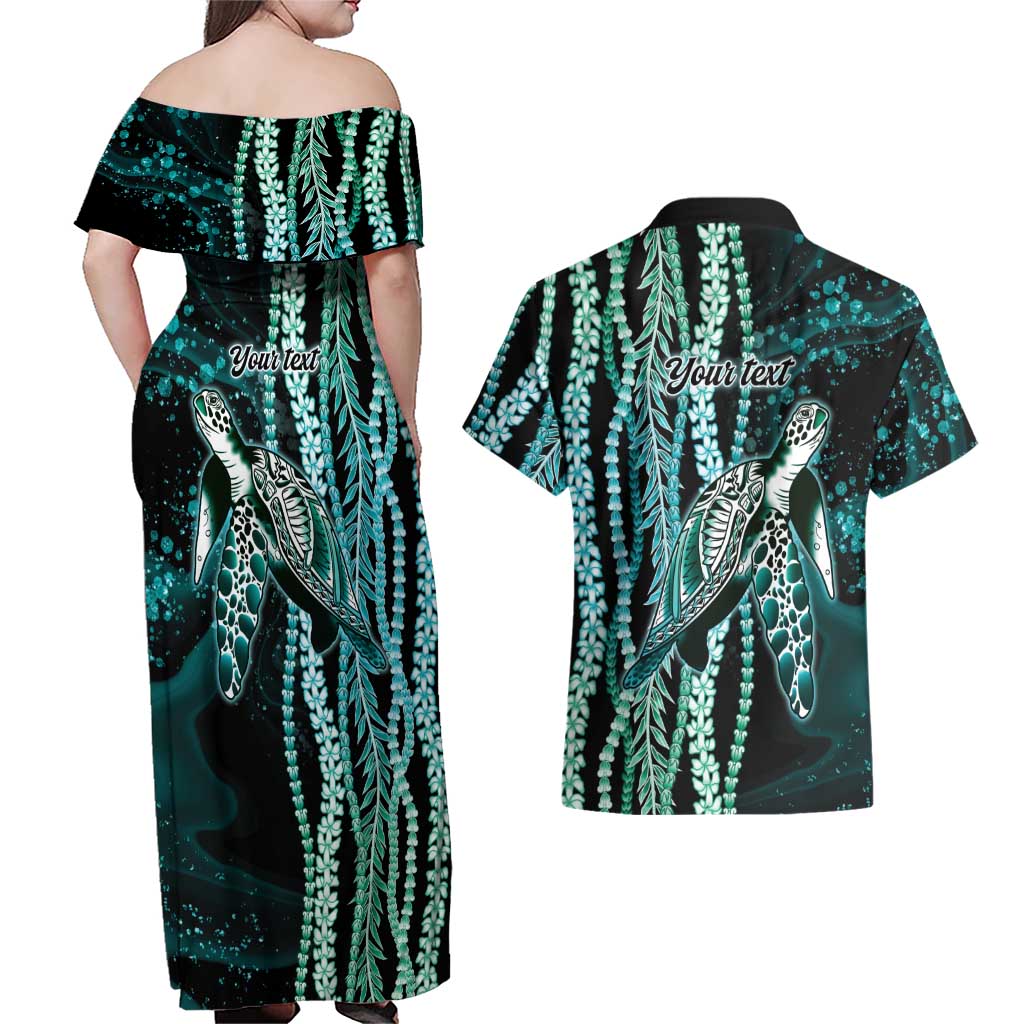 Hawaiian Honu Personalized Couples Matching Off Shoulder Maxi Dress and Hawaiian Shirt Dark Cyan Maile Pikake Flower Lei Inspired