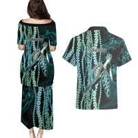 Hawaiian Honu Personalized Couples Matching Puletasi and Hawaiian Shirt Dark Cyan Maile Pikake Flower Lei Inspired
