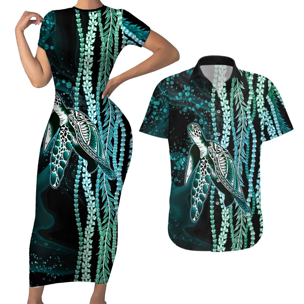 Hawaiian Honu Personalized Couples Matching Short Sleeve Bodycon Dress and Hawaiian Shirt Dark Cyan Maile Pikake Flower Lei Inspired LT9 Cyan - Polynesian Pride