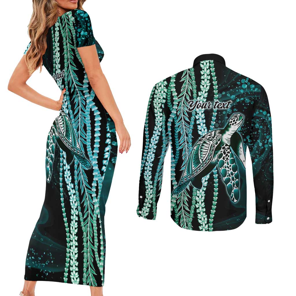 Hawaiian Honu Personalized Couples Matching Short Sleeve Bodycon Dress and Long Sleeve Button Shirt Dark Cyan Maile Pikake Flower Lei Inspired