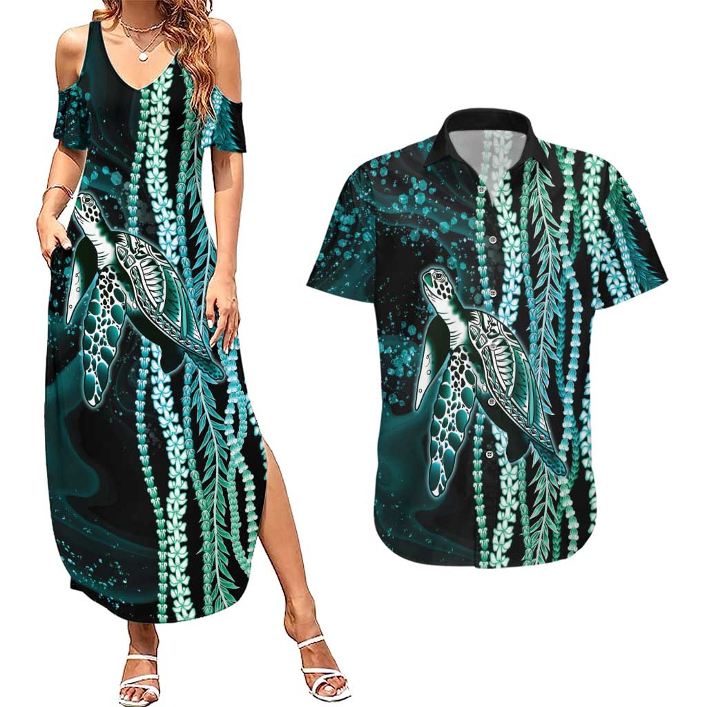 Hawaiian Honu Personalized Couples Matching Summer Maxi Dress and Hawaiian Shirt Dark Cyan Maile Pikake Flower Lei Inspired LT9 Cyan - Polynesian Pride