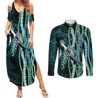 Hawaiian Honu Personalized Couples Matching Summer Maxi Dress and Long Sleeve Button Shirt Dark Cyan Maile Pikake Flower Lei Inspired