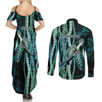 Hawaiian Honu Personalized Couples Matching Summer Maxi Dress and Long Sleeve Button Shirt Dark Cyan Maile Pikake Flower Lei Inspired