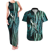 Hawaiian Honu Personalized Couples Matching Tank Maxi Dress and Hawaiian Shirt Dark Cyan Maile Pikake Flower Lei Inspired