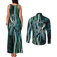 Hawaiian Honu Personalized Couples Matching Tank Maxi Dress and Long Sleeve Button Shirt Dark Cyan Maile Pikake Flower Lei Inspired
