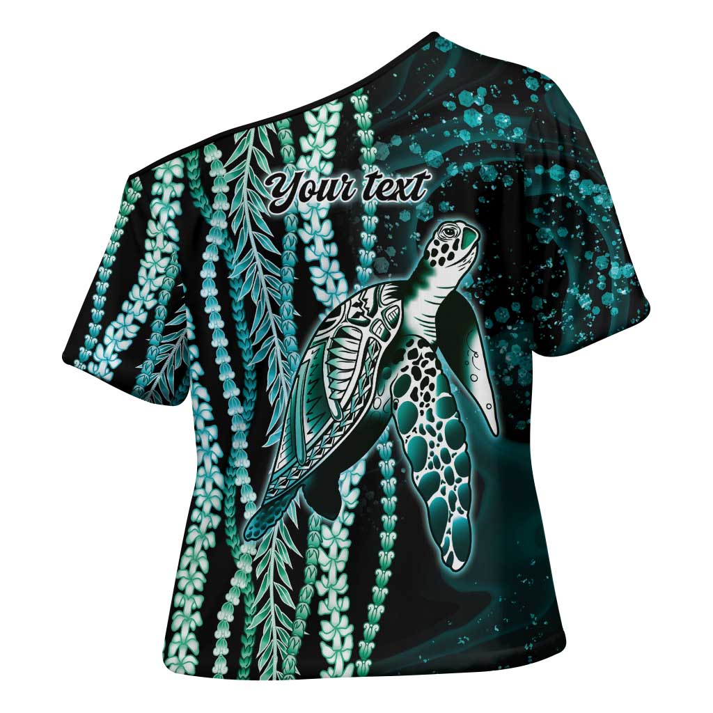 Hawaiian Honu Personalized Cross Shoulder Shirt Dark Cyan Maile Pikake Flower Lei Inspired