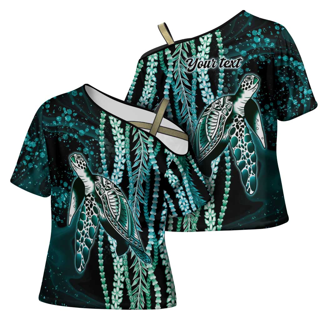 Hawaiian Honu Personalized Cross Shoulder Shirt Dark Cyan Maile Pikake Flower Lei Inspired