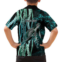 Hawaiian Honu Personalized Family Matching Long Sleeve Bodycon Dress and Hawaiian Shirt Dark Cyan Maile Pikake Flower Lei Inspired