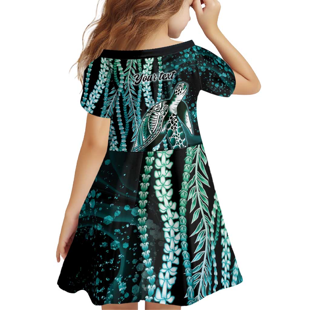 Hawaiian Honu Personalized Family Matching Long Sleeve Bodycon Dress and Hawaiian Shirt Dark Cyan Maile Pikake Flower Lei Inspired
