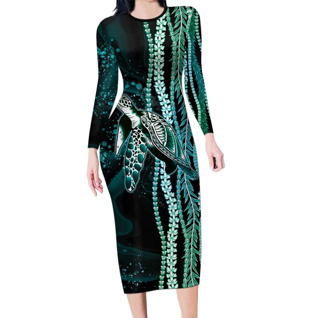 Hawaiian Honu Personalized Family Matching Long Sleeve Bodycon Dress and Hawaiian Shirt Dark Cyan Maile Pikake Flower Lei Inspired