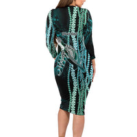 Hawaiian Honu Personalized Family Matching Long Sleeve Bodycon Dress and Hawaiian Shirt Dark Cyan Maile Pikake Flower Lei Inspired