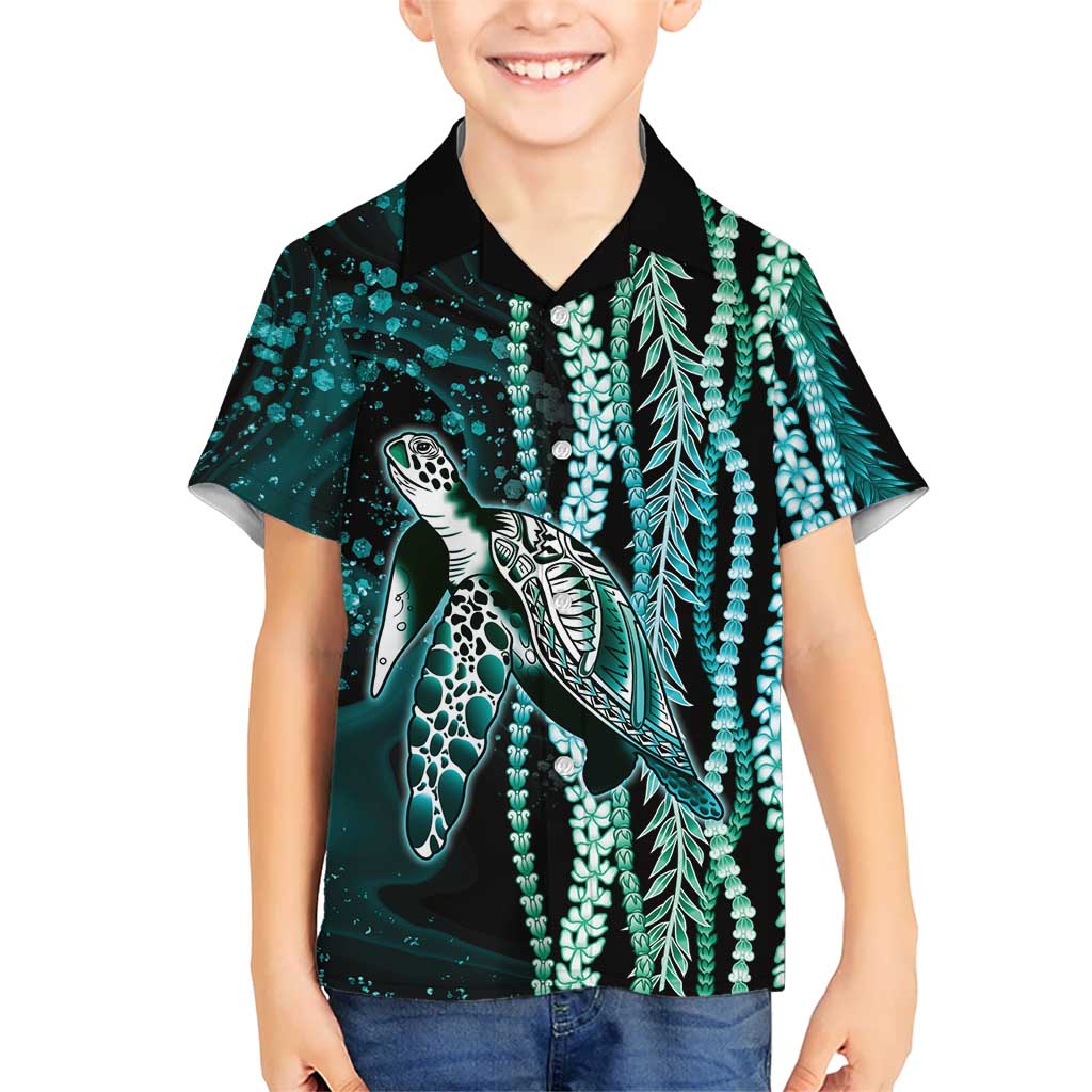 Hawaiian Honu Personalized Family Matching Long Sleeve Bodycon Dress and Hawaiian Shirt Dark Cyan Maile Pikake Flower Lei Inspired