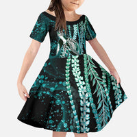Hawaiian Honu Personalized Family Matching Mermaid Dress and Hawaiian Shirt Dark Cyan Maile Pikake Flower Lei Inspired