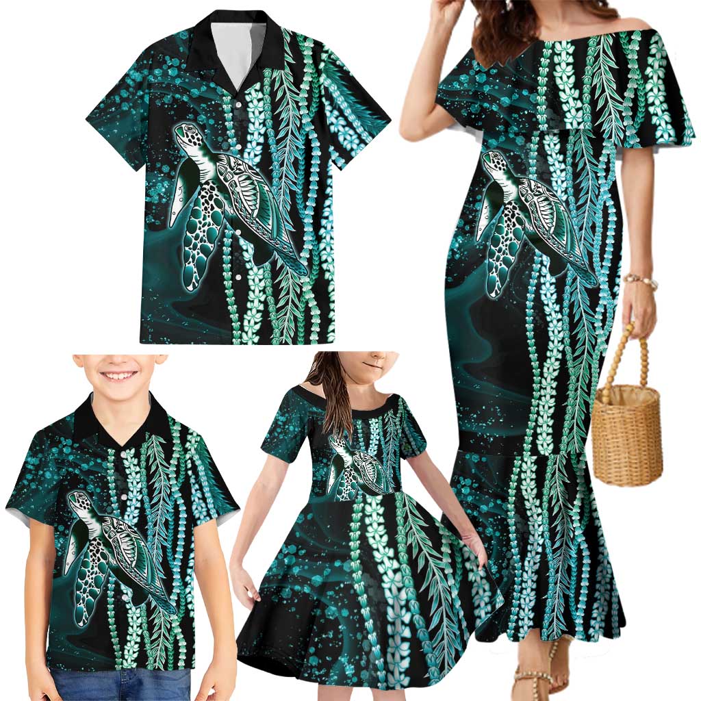 Hawaiian Honu Personalized Family Matching Mermaid Dress and Hawaiian Shirt Dark Cyan Maile Pikake Flower Lei Inspired