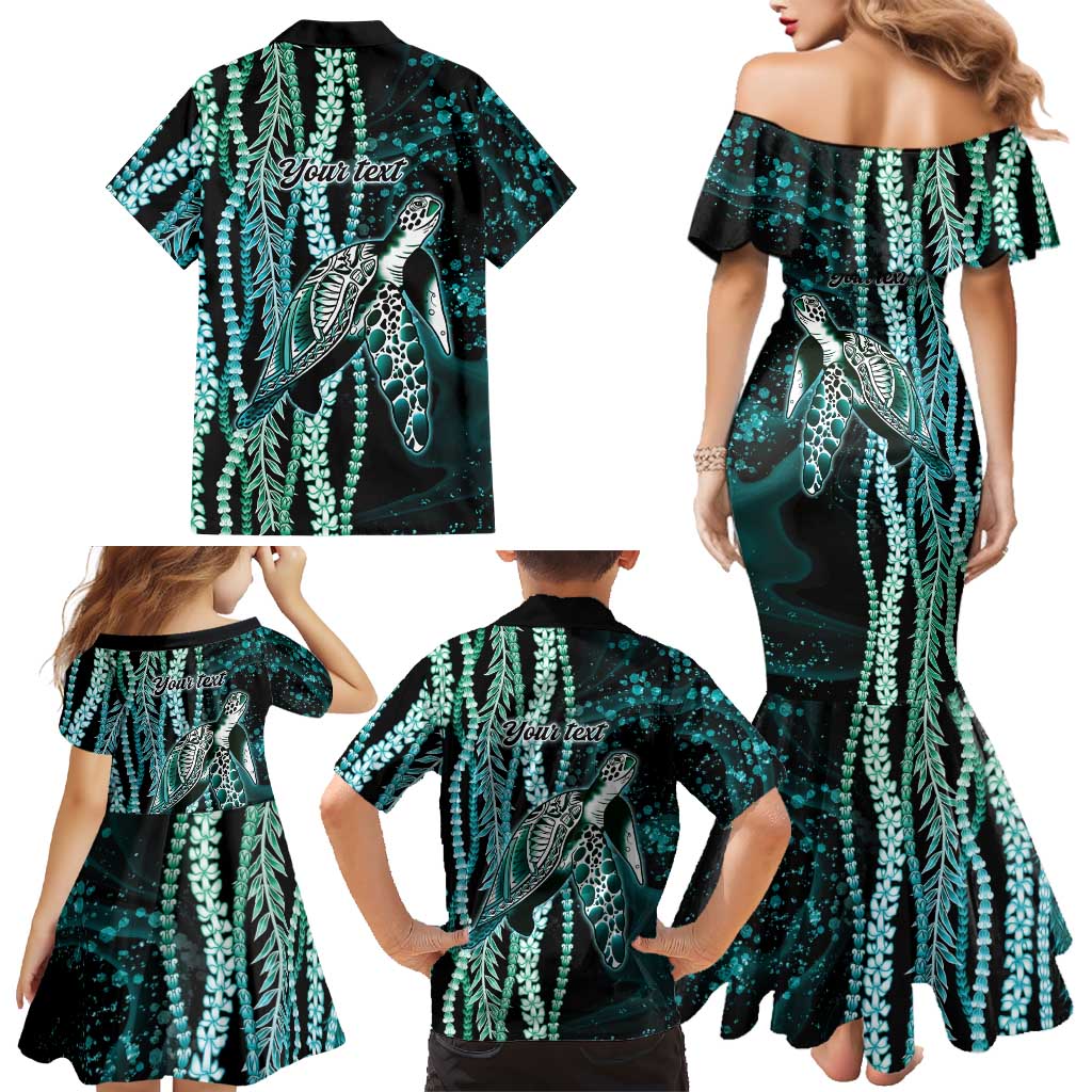 Hawaiian Honu Personalized Family Matching Mermaid Dress and Hawaiian Shirt Dark Cyan Maile Pikake Flower Lei Inspired
