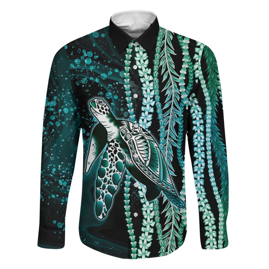 Hawaiian Honu Personalized Family Matching Mermaid Dress and Hawaiian Shirt Dark Cyan Maile Pikake Flower Lei Inspired