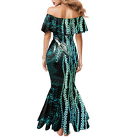 Hawaiian Honu Personalized Family Matching Mermaid Dress and Hawaiian Shirt Dark Cyan Maile Pikake Flower Lei Inspired