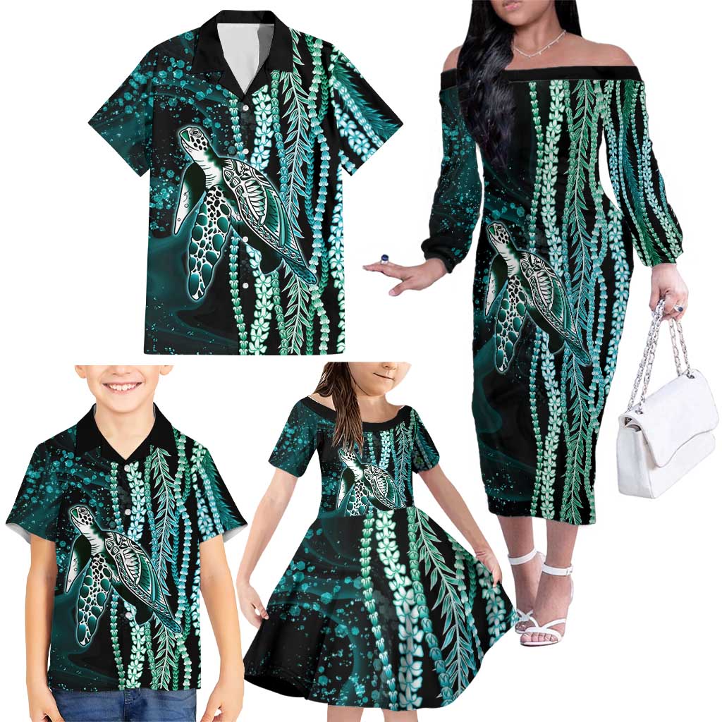 Hawaiian Honu Personalized Family Matching Off The Shoulder Long Sleeve Dress and Hawaiian Shirt Dark Cyan Maile Pikake Flower Lei Inspired