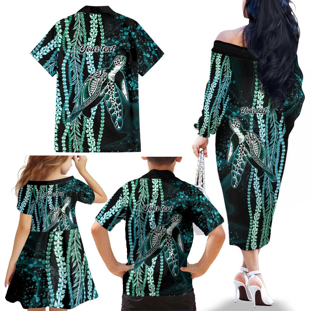 Hawaiian Honu Personalized Family Matching Off The Shoulder Long Sleeve Dress and Hawaiian Shirt Dark Cyan Maile Pikake Flower Lei Inspired