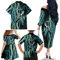 Hawaiian Honu Personalized Family Matching Off The Shoulder Long Sleeve Dress and Hawaiian Shirt Dark Cyan Maile Pikake Flower Lei Inspired