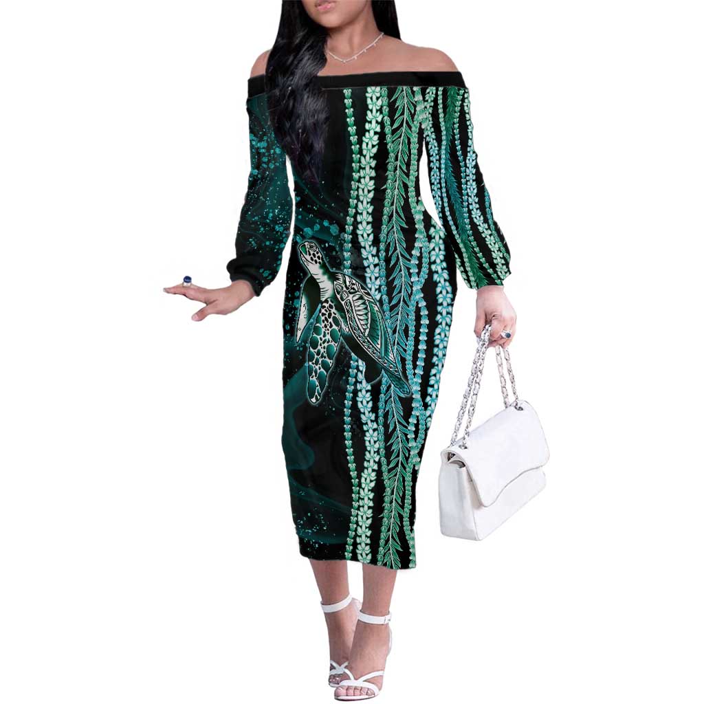 Hawaiian Honu Personalized Family Matching Off The Shoulder Long Sleeve Dress and Hawaiian Shirt Dark Cyan Maile Pikake Flower Lei Inspired