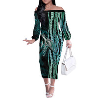 Hawaiian Honu Personalized Family Matching Off The Shoulder Long Sleeve Dress and Hawaiian Shirt Dark Cyan Maile Pikake Flower Lei Inspired