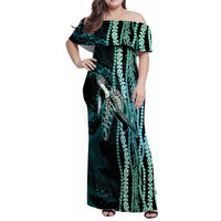 Hawaiian Honu Personalized Family Matching Off Shoulder Maxi Dress and Hawaiian Shirt Dark Cyan Maile Pikake Flower Lei Inspired