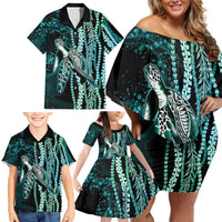Hawaiian Honu Personalized Family Matching Off Shoulder Short Dress and Hawaiian Shirt Dark Cyan Maile Pikake Flower Lei Inspired