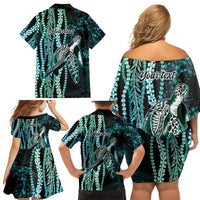 Hawaiian Honu Personalized Family Matching Off Shoulder Short Dress and Hawaiian Shirt Dark Cyan Maile Pikake Flower Lei Inspired