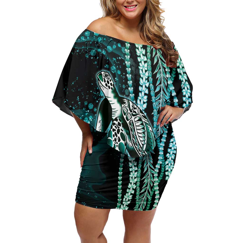 Hawaiian Honu Personalized Family Matching Off Shoulder Short Dress and Hawaiian Shirt Dark Cyan Maile Pikake Flower Lei Inspired