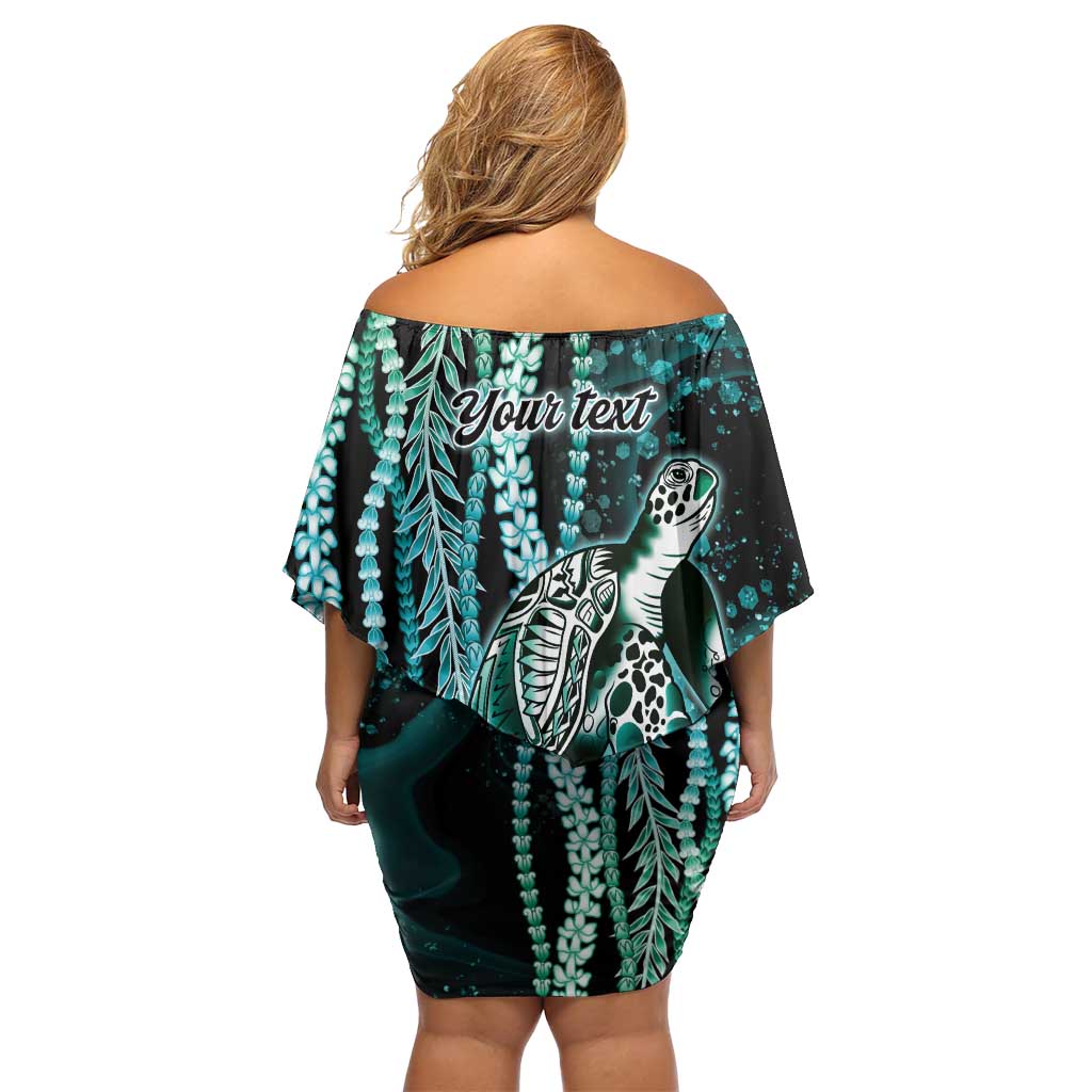 Hawaiian Honu Personalized Family Matching Off Shoulder Short Dress and Hawaiian Shirt Dark Cyan Maile Pikake Flower Lei Inspired
