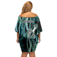 Hawaiian Honu Personalized Family Matching Off Shoulder Short Dress and Hawaiian Shirt Dark Cyan Maile Pikake Flower Lei Inspired