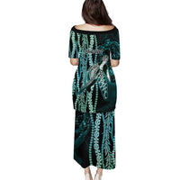 Hawaiian Honu Personalized Family Matching Puletasi and Hawaiian Shirt Dark Cyan Maile Pikake Flower Lei Inspired