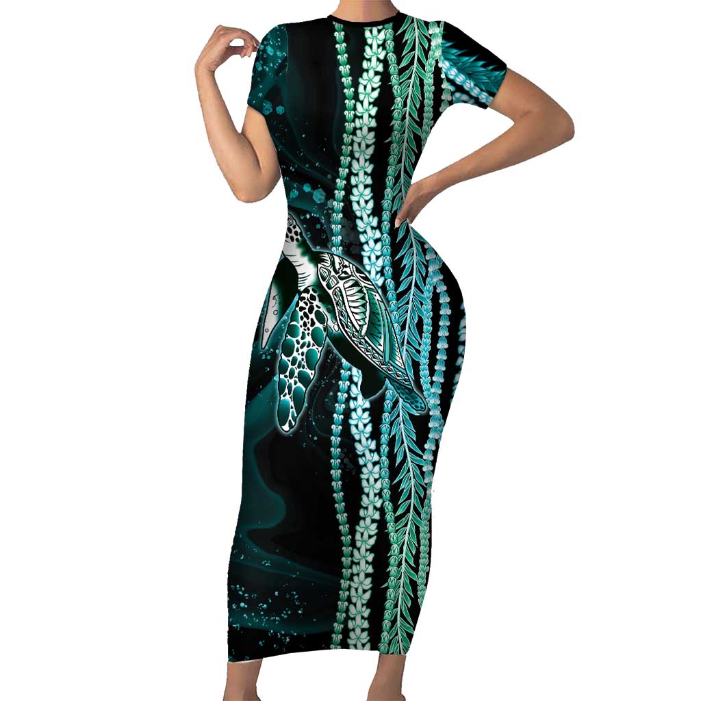 Hawaiian Honu Personalized Family Matching Short Sleeve Bodycon Dress and Hawaiian Shirt Dark Cyan Maile Pikake Flower Lei Inspired
