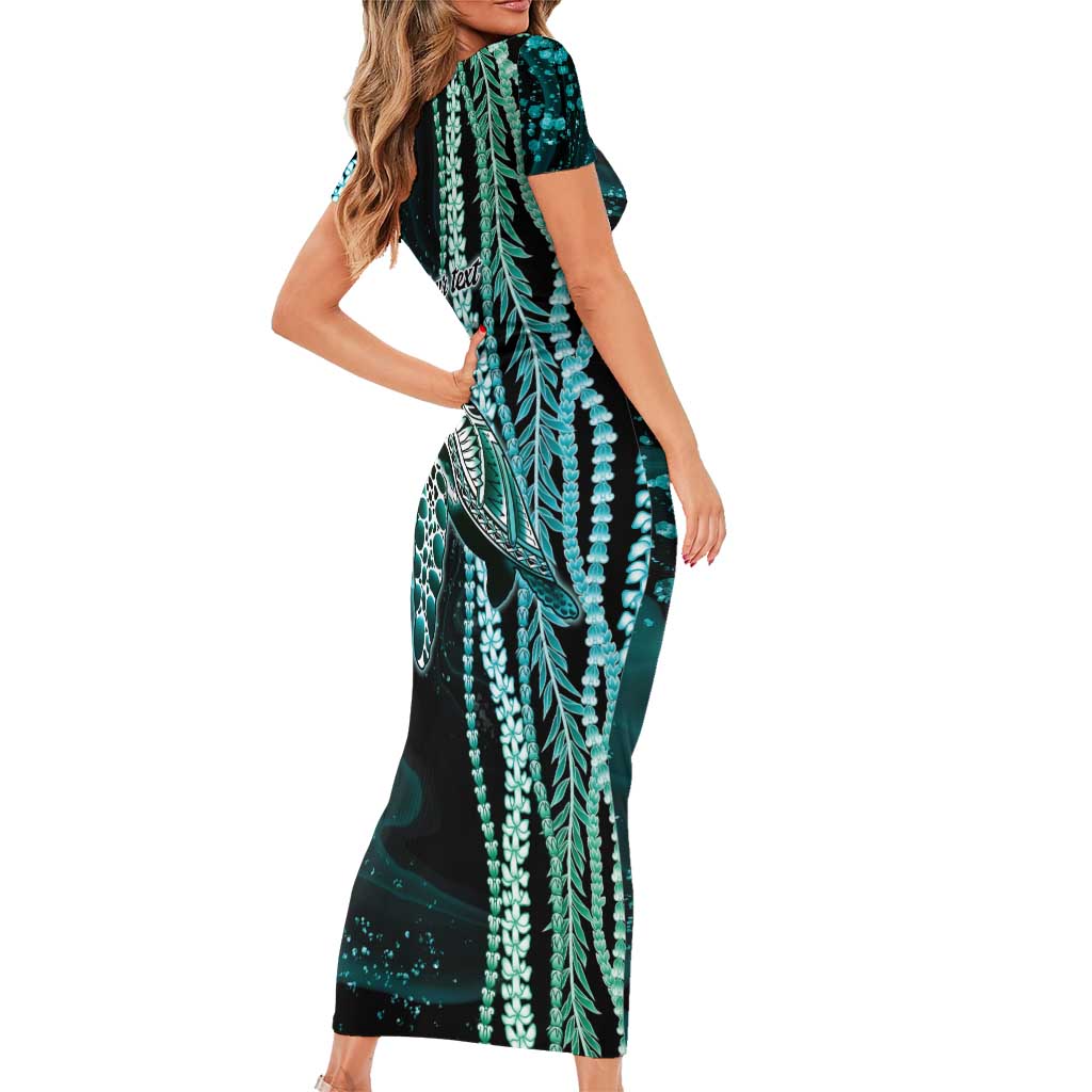 Hawaiian Honu Personalized Family Matching Short Sleeve Bodycon Dress and Hawaiian Shirt Dark Cyan Maile Pikake Flower Lei Inspired