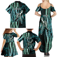 Hawaiian Honu Personalized Family Matching Summer Maxi Dress and Hawaiian Shirt Dark Cyan Maile Pikake Flower Lei Inspired