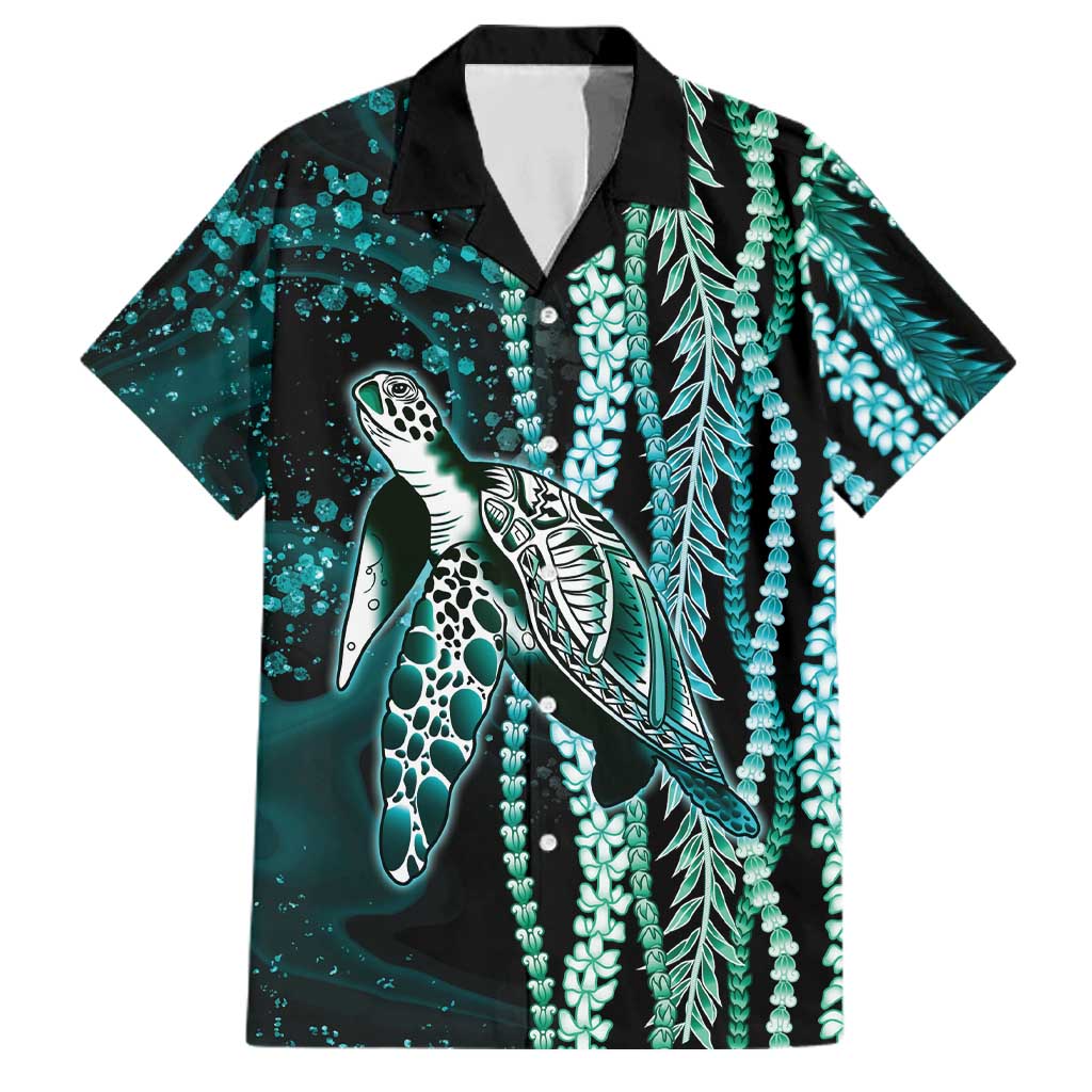 Hawaiian Honu Personalized Family Matching Summer Maxi Dress and Hawaiian Shirt Dark Cyan Maile Pikake Flower Lei Inspired