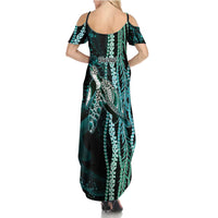 Hawaiian Honu Personalized Family Matching Summer Maxi Dress and Hawaiian Shirt Dark Cyan Maile Pikake Flower Lei Inspired