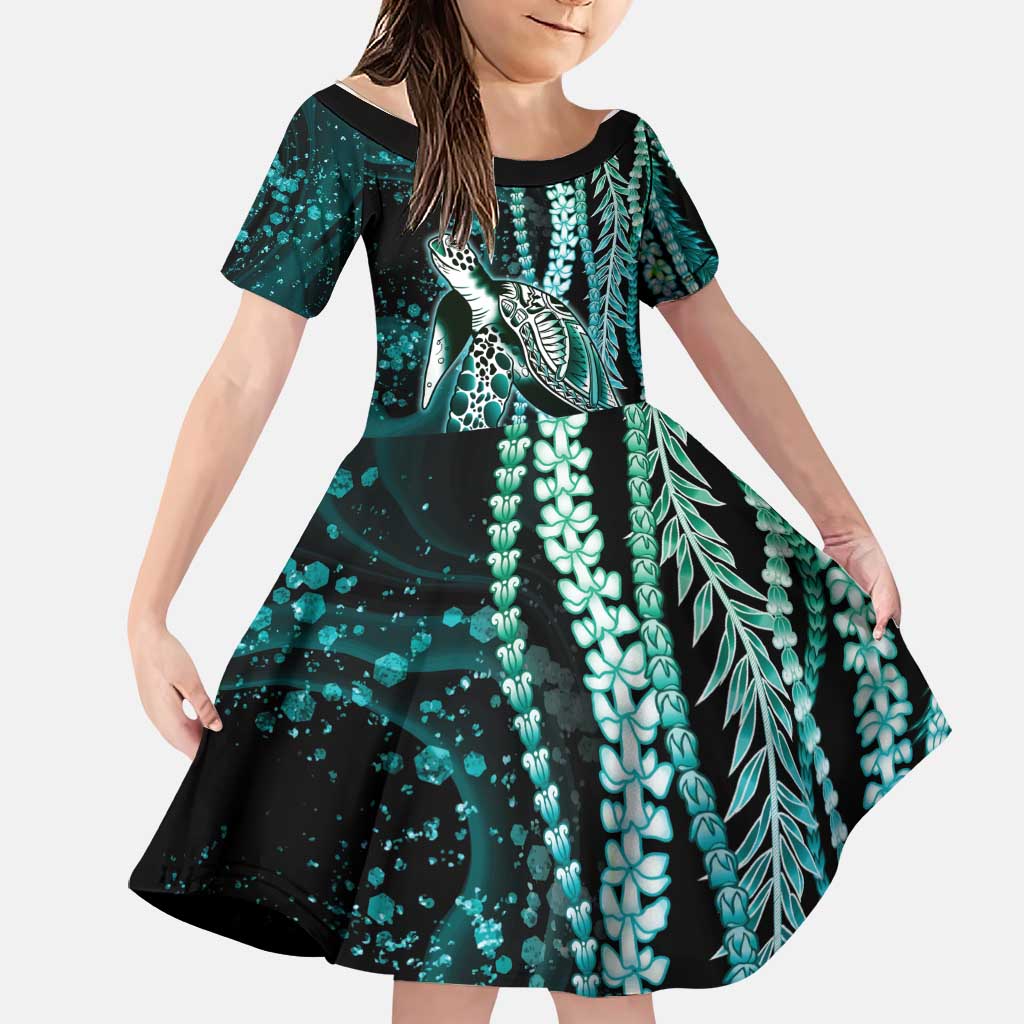 Hawaiian Honu Personalized Family Matching Tank Maxi Dress and Hawaiian Shirt Dark Cyan Maile Pikake Flower Lei Inspired