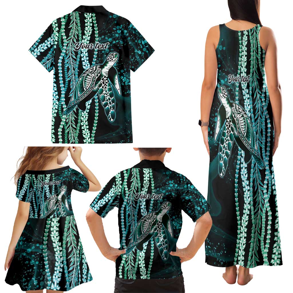 Hawaiian Honu Personalized Family Matching Tank Maxi Dress and Hawaiian Shirt Dark Cyan Maile Pikake Flower Lei Inspired