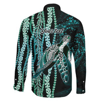 Hawaiian Honu Personalized Family Matching Tank Maxi Dress and Hawaiian Shirt Dark Cyan Maile Pikake Flower Lei Inspired