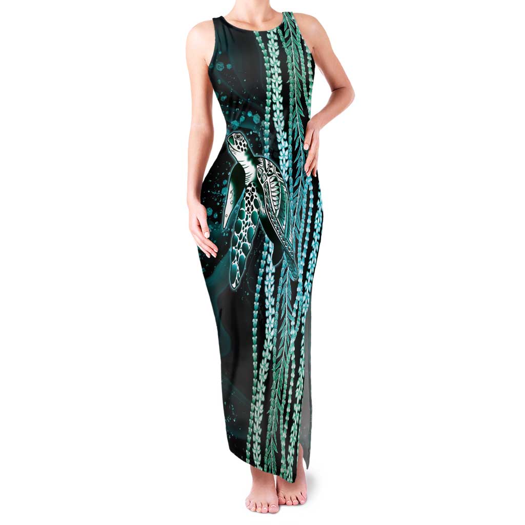Hawaiian Honu Personalized Family Matching Tank Maxi Dress and Hawaiian Shirt Dark Cyan Maile Pikake Flower Lei Inspired
