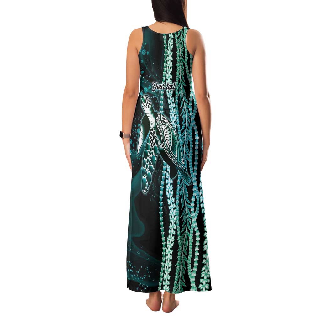 Hawaiian Honu Personalized Family Matching Tank Maxi Dress and Hawaiian Shirt Dark Cyan Maile Pikake Flower Lei Inspired