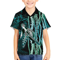 Hawaiian Honu Personalized Family Matching Tank Maxi Dress and Hawaiian Shirt Dark Cyan Maile Pikake Flower Lei Inspired