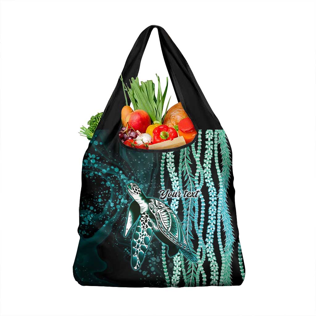 Hawaiian Honu Personalized Grocery Bag Dark Cyan Maile Pikake Flower Lei Inspired